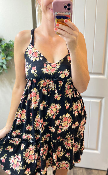 Black Floral Frill Dress