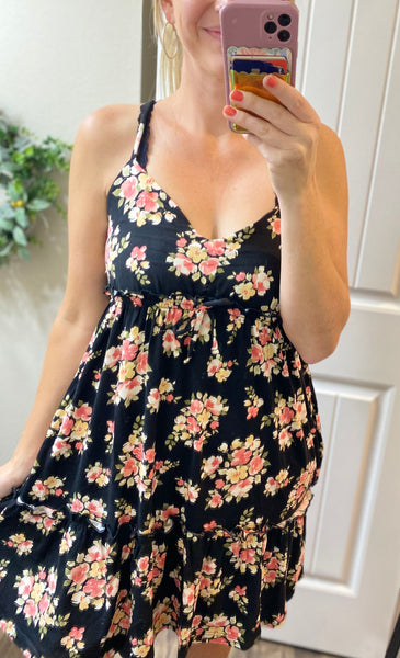 Black Floral Frill Dress