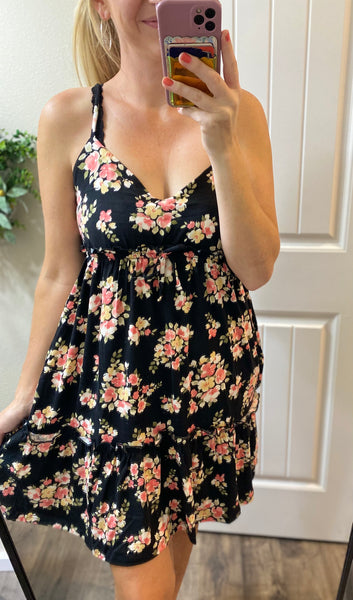 Black Floral Frill Dress