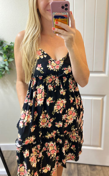 Black Floral Frill Dress