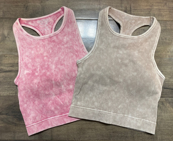 Washed Ribbed Seamless Cropped Tank with Bra Pads