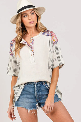 Plaid 1/2 Button Gauze Top