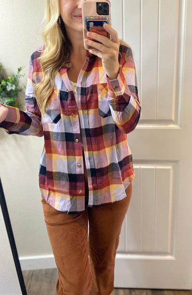 Sale! Fall Rust/Purple Plaid Button Up