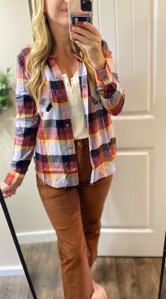 Sale! Fall Rust/Purple Plaid Button Up