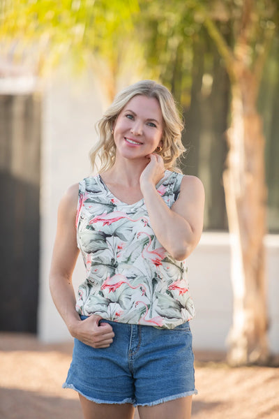 MM Summer V-Neck Sleeveless Tops (Aqua Palm, Flamingo, Petal Gardens, Tropical Leaf)
