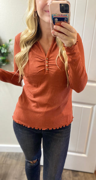 Fall Ginger Ribbed Long Sleeve Top