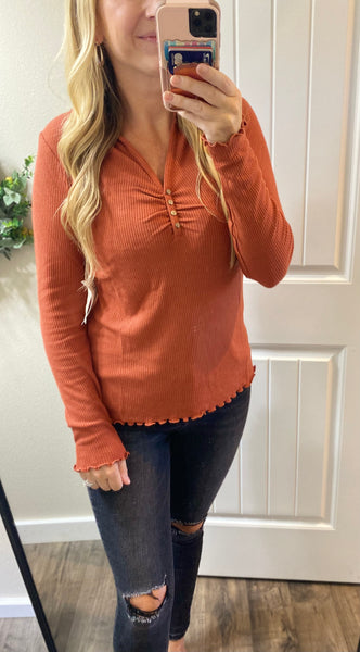 Fall Ginger Ribbed Long Sleeve Top