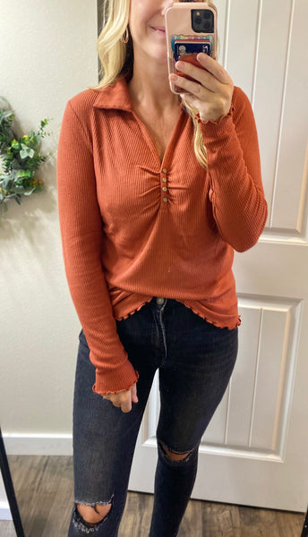 Fall Ginger Ribbed Long Sleeve Top