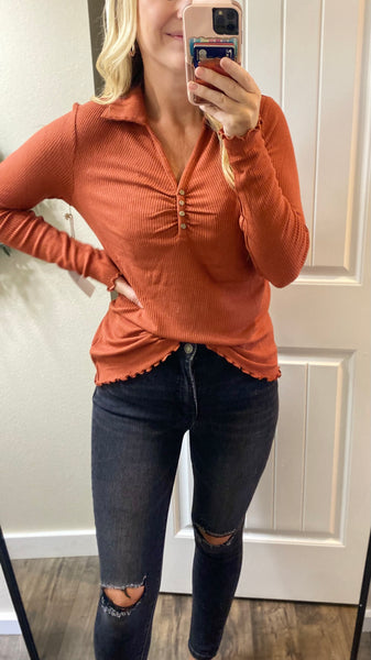 Fall Ginger Ribbed Long Sleeve Top