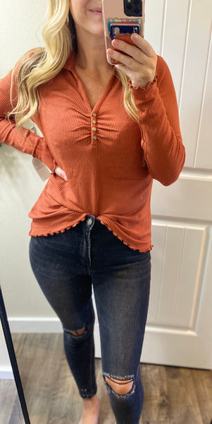 Fall Ginger Ribbed Long Sleeve Top
