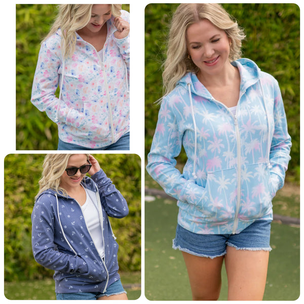 MM Summer Print Full Zip Hoodies (Aqua Palm, Petal Garden Floral, Nautical)
