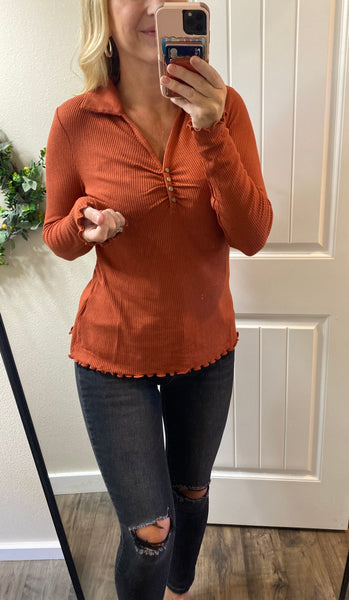 Fall Ginger Ribbed Long Sleeve Top