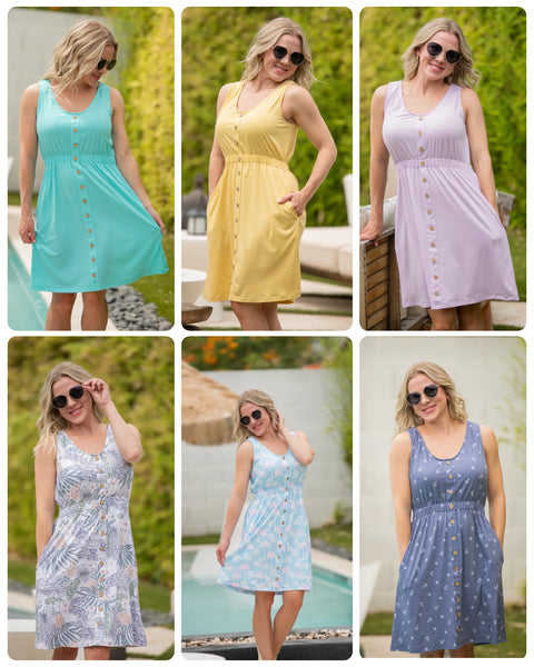 MM Button Dresses (Aqua, Yellow, Lavender, Pineapple Leaf, Aqua Palm, Nautical)