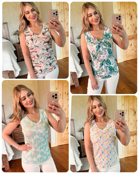 MM Summer V-Neck Sleeveless Tops (Aqua Palm, Flamingo, Petal Gardens, Tropical Leaf)