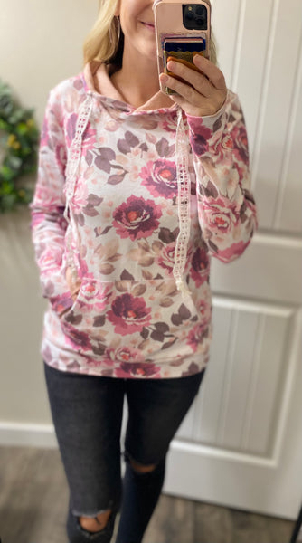 MM Floral Hoodie with Crochet Lace String