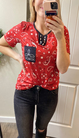 Red Bandana V Short Sleeve Top