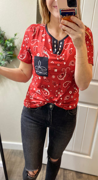 Red Bandana V Short Sleeve Top