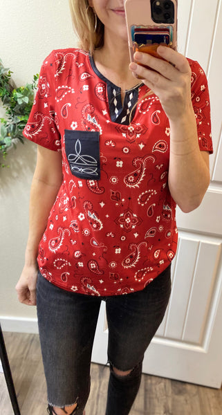 Red Bandana V Short Sleeve Top
