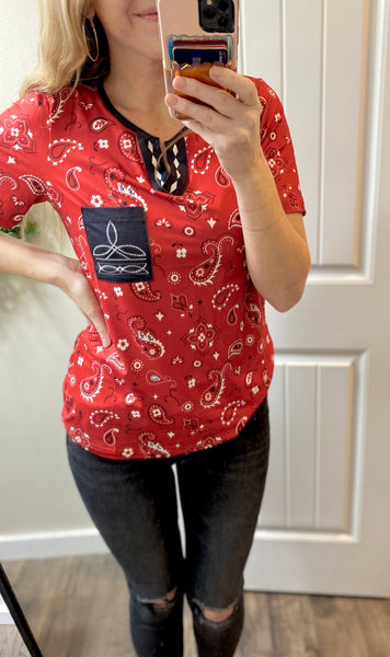 Red Bandana V Short Sleeve Top
