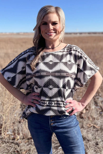 Oversized Aztec Ribbed Short Sleeve Top