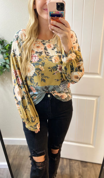 Bibi Fall Floral Colorblock Long Sleeve Top