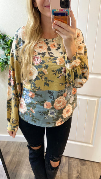 Bibi Fall Floral Colorblock Long Sleeve Top