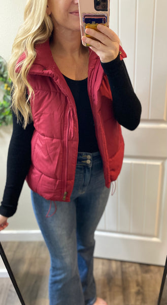 Red High Neck Short Puff Vest