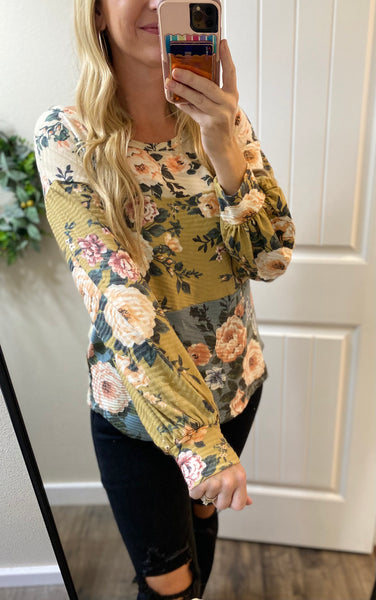 Bibi Fall Floral Colorblock Long Sleeve Top