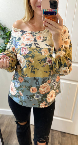 Bibi Fall Floral Colorblock Long Sleeve Top