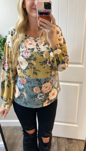 Bibi Fall Floral Colorblock Long Sleeve Top