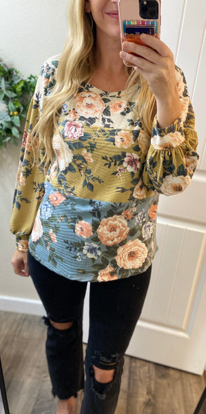 Bibi Fall Floral Colorblock Long Sleeve Top