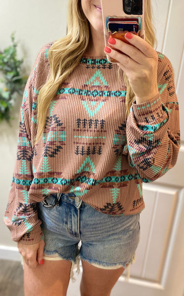 Mocha Ribbed Aztec Long Sleeve