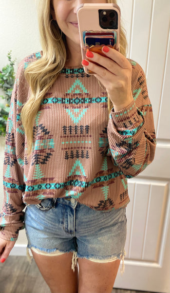 Mocha Ribbed Aztec Long Sleeve