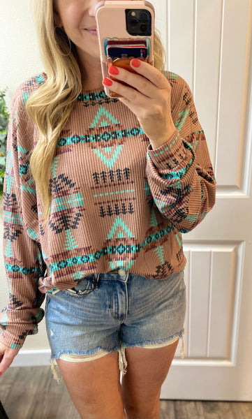 Mocha Ribbed Aztec Long Sleeve
