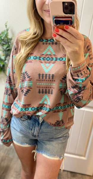 Mocha Ribbed Aztec Long Sleeve