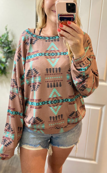 Mocha Ribbed Aztec Long Sleeve