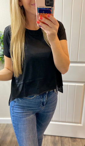 Black Side Slit High Low Round Neck Top