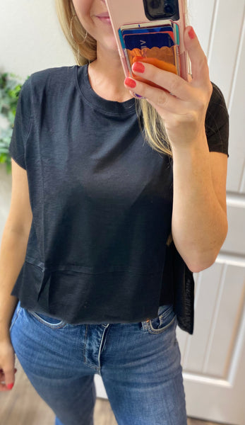 Black Side Slit High Low Round Neck Top