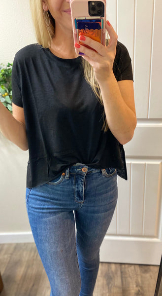 Black Side Slit High Low Round Neck Top