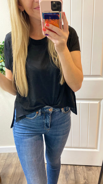 Black Side Slit High Low Round Neck Top