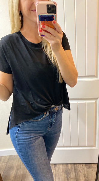 Black Side Slit High Low Round Neck Top