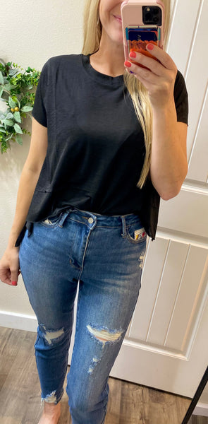 Black Side Slit High Low Round Neck Top