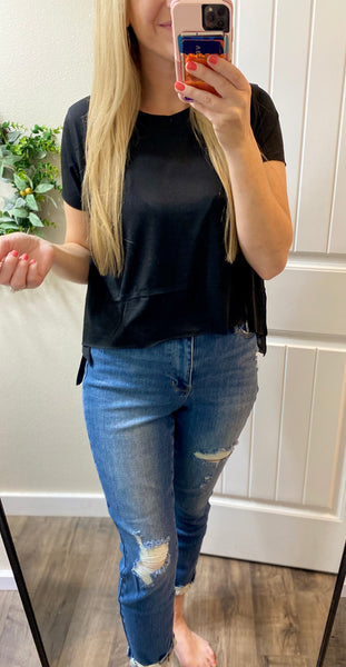 Black Side Slit High Low Round Neck Top