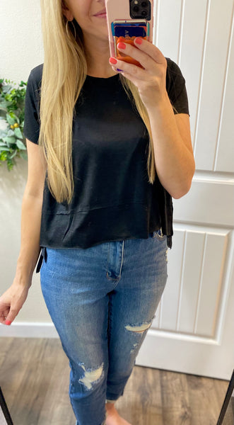 Black Side Slit High Low Round Neck Top