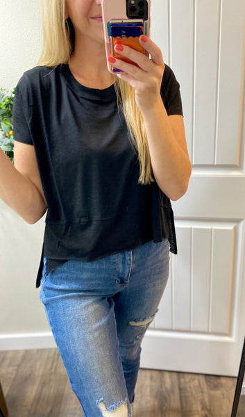 Black Side Slit High Low Round Neck Top