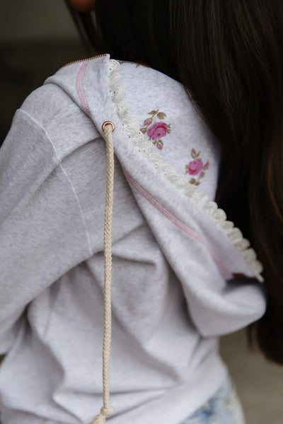 Light Heather Grey Full Zip Lace Floral Ampersand Ave. Hoodie
