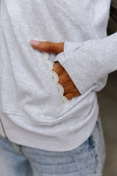 Light Heather Grey Full Zip Lace Floral Ampersand Ave. Hoodie