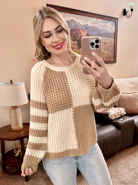 Chunky Colorblock Sweater in Tan & Cream