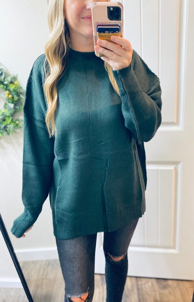 MM Hunter Green Oversized Exposed Seam Sweater