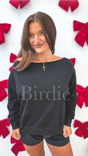 Preorder Birdie Off Shoulder Slouchy Pullover in Gray or Black